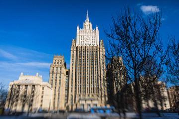 The building of the Ministry of Foreign Affairs main building on Smolenskaya Square, Moscow,...