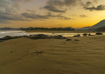 Extraordinary landscape scene with many hills and beach shot on sunrise in west Sumbawa, Indonesia