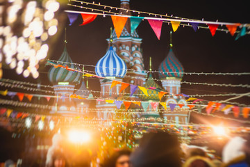 Moscow streets with New Year decoration, Christmas illumination on the Red Square, with Christmas...