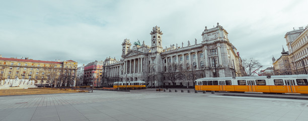 Naklejka premium European street of Budapest in Hungary with historic buildings of the downtown
