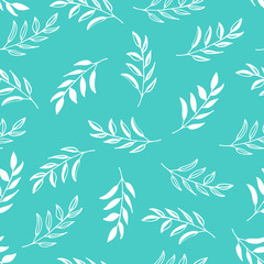 Hand drawn floral seamless pattern. Branches on mint green background. Easy to edit vector template for textile, fabric, gift wrap, wedding invitation, etc.