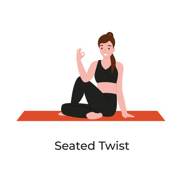 Young beautiful woman practicing yoga in seated twist pose. Flat vector cartoon modern style illustration isolated white background.