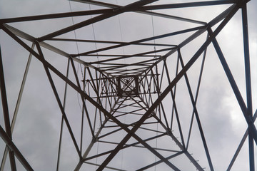 Power poles transmission line, Electricity high voltage pole, Electrical network. Bottom up view