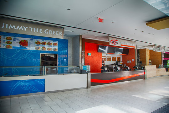 Toronto, Ontario, Canada - April 18, 2020: Closed Food Court in Shopping Centre, Downtown Toronto due to the Covid-19 travel restrictions many shops are closed.
