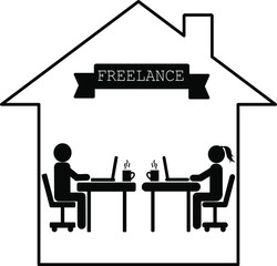 Couple working from home vector icon. Freelance home office technology, remote work, working at home, online job concept. Silhouette of a man and a woman working at laptop in a house. Isolated EPS 10