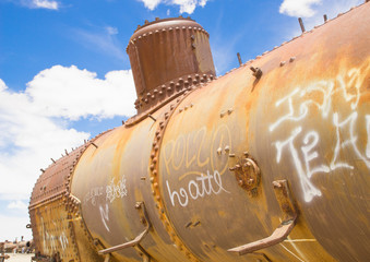 Salar de Uyuni, Uyuni Region, Bolivia - August 7th, 2018: Great Train Graveyard. Train Cemetery in the Bolivian desert