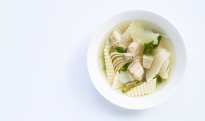 Bamboo shoots with pork soup on white