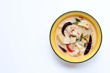 Thai food, Coconut milk soup with chicken on white background.