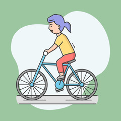 Concept Of Ecological Mode Of Transport, Sport, Healthy Lifestyle. Girl Cycling In Park. Young Woman Rides Bicycle. Woman Use Eco Transport To Get To Work Or Shop. Cartoon Flat Vector Illustration