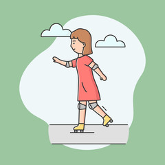 Concept Of Active Leisure. Sporty Girl Roller Skating. Cheerful Woman Riding Roller skates On Road In The Park. Teenager Having Fun Outdoor. Cartoon Linear Outline Flat Style. Vector Illustration