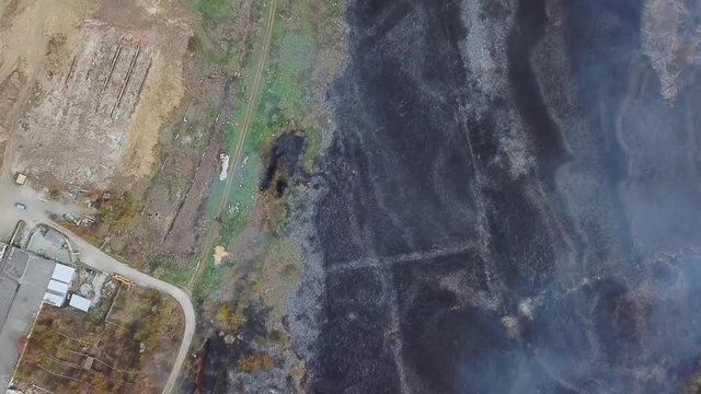 Aerial view of big smoke clouds and fire on the field. Close up view of wildfire, spreading flames of forest fire