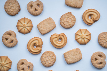 Danish cookies on white background. Top view. Flat lay.
