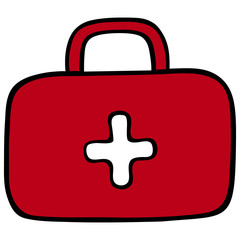 Obraz premium Medicine bag red. A briefcase with first aid items. Vector illustration. Isolated white background. Cartoon style. Diplomat with medicines and dressings. First aid bag. Medicine bag. Medical topics. 