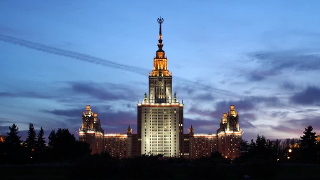 Moscow State University main building, one of the Seven Sisters in evening - Establisher TimeLapse 4K