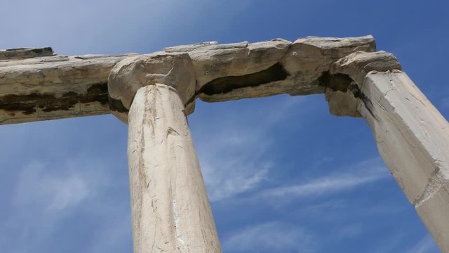 Right to left pan over the remaining of Hadrian's Library created by Roman Emperor Hadrian