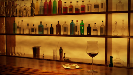A glass of red wine and a cheese plate placed on a wooden bar counter. 3D rendering.