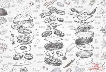 Burger menu. Vintage template with hand drawn sketches of a hamburger and its ingredients. Engraving style icons - bun, cucumbers, eggs, salad, tomatoes and cheese.