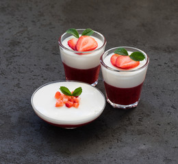 Dessert creamy vanilla jelly with strawberries on a dark gray background