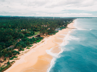 Tropical beach with sea and palm taken from drone. Aerial photo