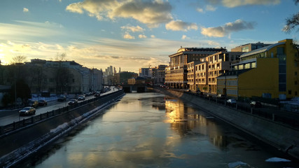 City landscape of evening Moscow. View of the Yauzu River. 