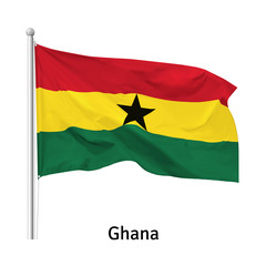 Flag of the Republic of Ghana in the wind on flagpole, isolated on white background, vector