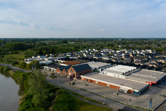 Grembergen, Belgium - June 1 2019: Aerial view of a shopping area 