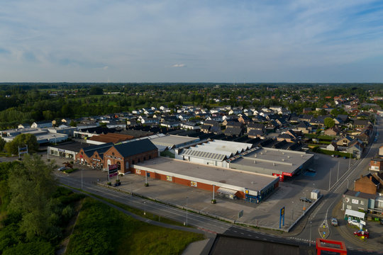 Grembergen, Belgium - June 1 2019: Aerial view of a shopping area 