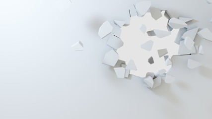 3D render - white background imitating a broken hole in the wall