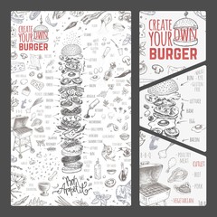 Burger menu. Vintage template with hand drawn sketches of hamburger and infographic with fast food ingredients. Engraving style vector icons - pizza, tacos, barbecue, beverages and sweets