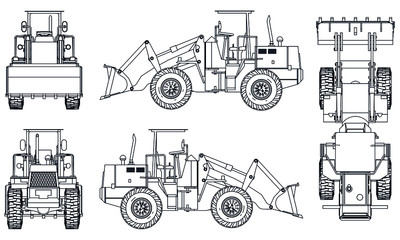 Wheel Loader outline vector. Special machines for the building work. View front, back, side, top.
