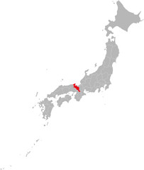 Kyoto province highlighted red on Japan map. Gray background. Business concepts and backgrounds.