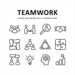 Team work icon set. Contains such Icons as alliance, cooperation, and more . Line style design. Vector graphic illustration. Suitable for website design, app, template, ui. Editable stroke.