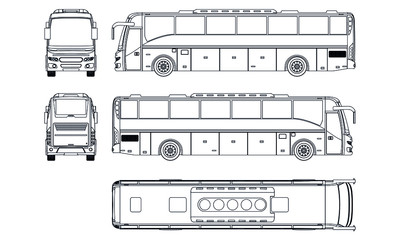 Bus outline vector illustration. Bus vehicle template vector isolated on white. View front, back, side, top.