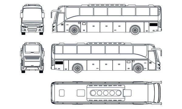 Bus outline vector illustration. Bus vehicle template vector isolated on white. View front, back, side, top.
