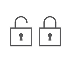 Lock open and closed icons. Symbol of securty and safety, keyhole and padlock linear pictograms.