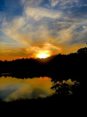 Beautiful golden sunset over reflecting lake.