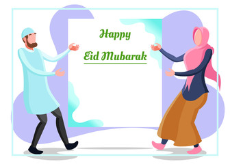 Flat Vector Illustration Representing Muslim Man and Woman Showing A Greeting Board to Welcome Islamic Feast Day Mubarak
