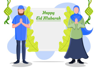 Flat Vector Illustration Representing Muslim Man and Woman Showing A Greeting Board to Welcome Islamic Feast Day Mubarak with Greeting Gestures