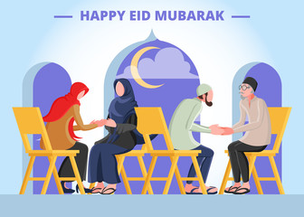Flat Vector Illustration Representing A Muslim Man and Woman Shaking Hands with Parents for Forgiveness on Feast Day Mubarak Day