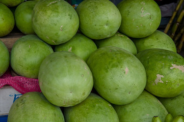 Delicious watermelons on the counter of the Latin America street market, Ecuador