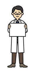フリップ/メッセージボードを持つ白衣を着た男性