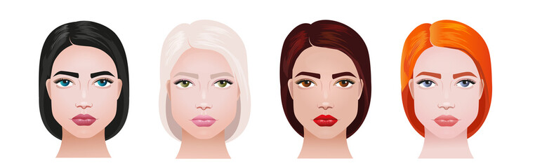 Beautiful woman with different hair colors and skin. Seasonal color types for women skin and hair color. Different types of girl's appearance, spring, summer, autumn and winter.