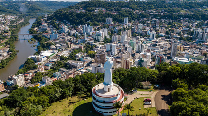 Joaçaba - SC. Aerial view of Joaçaba city and Frei Bruno monument - Santa Catarina - Brazil