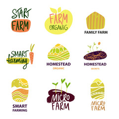 Logo start-up family farm. Set  logotype for organic natural food. Template logo, badge, insignia, sign isolate on white background for smart small micro business
