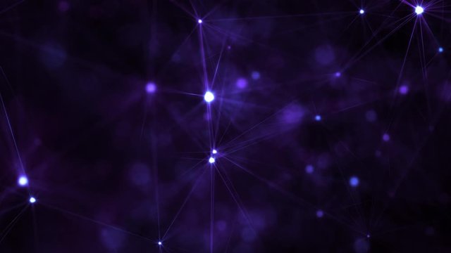 Purple shiny glowing abstract 3D animation background of polygons lines and stars with selective focus and extreme depth of field on black background.