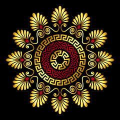 Traditional vintage gold and red circle Greek ornament and floral pattern on black background