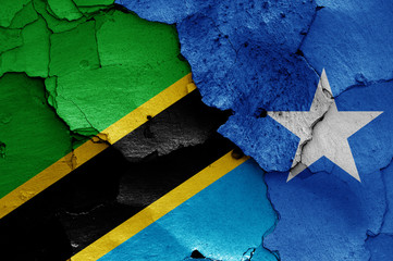 flags of Tanzania and Somalia painted on cracked wall