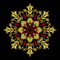 Traditional vintage gold and red circle Greek ornament and floral pattern on black background