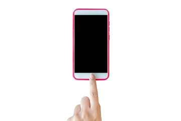 The finger is touching the smartphone, the blank screen is white