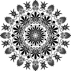 Traditional vintage black and white circle Greek ornament and floral pattern